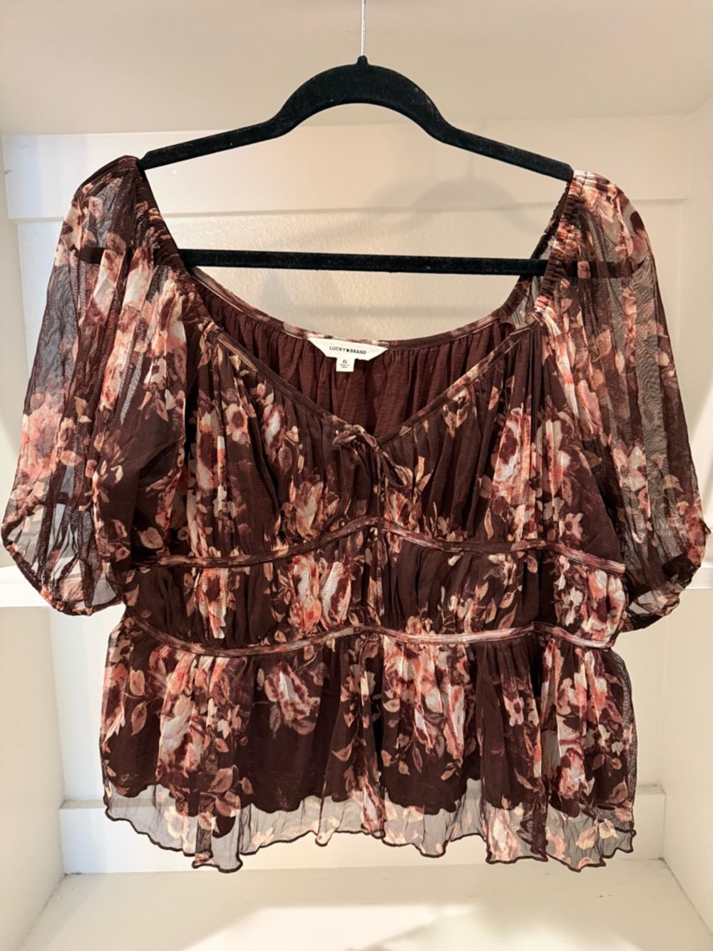 Lucky Brand Chocolate Floral Ruffled Peasant Top